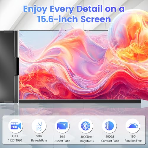 Teamgee 15.6" Laptop Screen Extender, Slim & Lightweight Portable Monitor for Laptop, Full HD IPS, 360° Rotating Stand, Detachable, USB-C Plug & Play, RGB Lighting, Thin Bezels - size: Screen 15.6