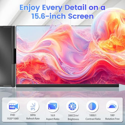 Teamgee 15.6" Laptop Screen Extender, Slim & Lightweight Portable Monitor for Laptop, Full HD IPS, 360° Rotating Stand, Detachable, USB-C Plug & Play, RGB Lighting, Thin Bezels - size: Screen 15.6