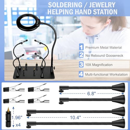 Drdefi Magnetic Helping Hands Soldering Station 12X Magnifying Lamp Large Base Third Hand Jewelry Tool Hands Free Magnifier Weighted Base with 4 Magnetic Pillar Crafts Making Electronic Hobby - size: Large Base+4 Pillar