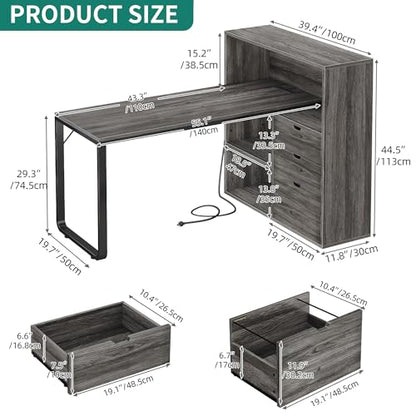 YITAHOME Grey L Desk, 55.1-Inch Top, Hanging-File Drawer - color: Grey