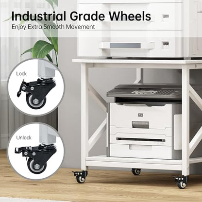Fannova White 3D Printer Stand, Large Printer Table with Storage Shelf | 23.6"x23.6"x22.6", Home Office 2 Tier Rolling Printer Cart with Heavy Duty Industrial Wheels - All 4 Lock, Mini Fridge Stand - color: White