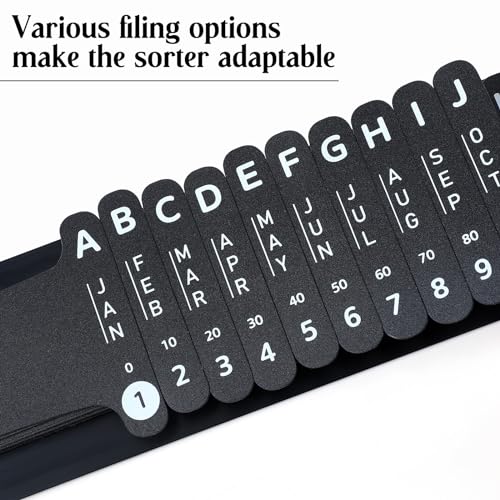 PerKoop 2 Sets Plastic Document Sorter Alphabetical File Organizer Compact Upright Space Saving Paper Organizer for File Office, 2.52 x 23.5 Inches (Black)