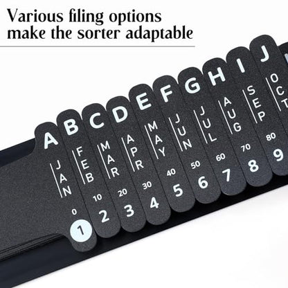 PerKoop 2 Sets Plastic Document Sorter Alphabetical File Organizer Compact Upright Space Saving Paper Organizer for File Office, 2.52 x 23.5 Inches (Black)
