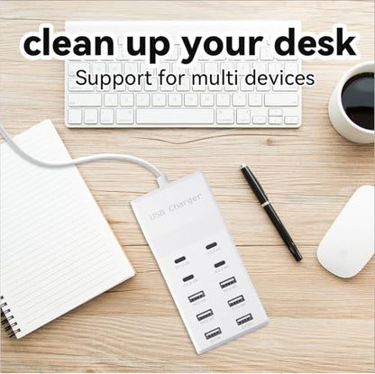 USB Power Strip Charging Station, 10-Port 6A+4C Multi Charger Block