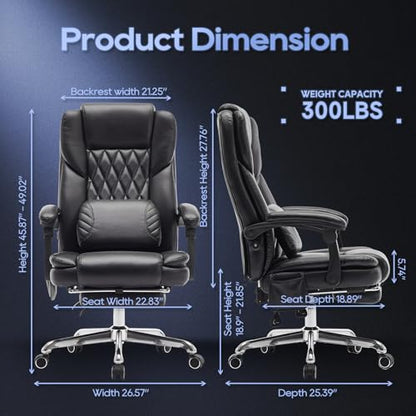 Massage Office Chair with Footrest, High Back Executive Chair, Ergonomic Desk Chair with Removable Pillow, 2 Lumbar Massage Points, Reclining, Leather Computer Chair, Black - color: Ocs10-black