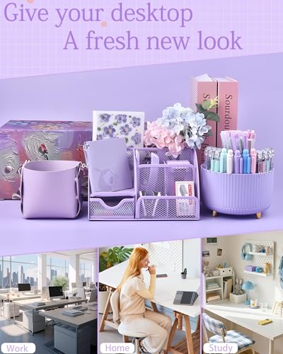 Purple Desk Accessories and Organizers with Desk Organizer and 360°Rotating Pen Holder stapler Pen and a Lot of Office Purple Office Supplies Beautifully Presented in a Gift Box - color: Purple
