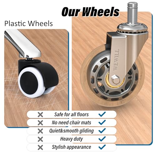 WEWILL Office Chair Wheels - Rubber Casters Replacement Universal Fit 98% Chair(Set of 5) Heavy Duty 3 Inch Smoothly & Quietly Safe for All Floor, Hardwood, Tile, Carpet, Noise Free - Sliver - color: Silver
