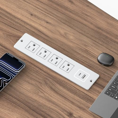 Recessed Power Strip Flush Mount Power Adapter Charging Station with USB Plug Multiple Surge Protector Hidden Outlet Extender with Extension Cord for Home Office Desk Furniture Nightstand Bed (White)