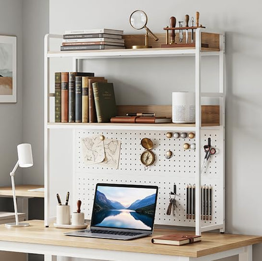 Desk Hutch, 37" Desktop Bookshelf with Pegboard, Countertop Storage Hutch for Computer Monitor, 2-Tier Desk Display Rack, Desktop Organizer Shelf for Dorm Home Office (White+Natural) - color: White+natural