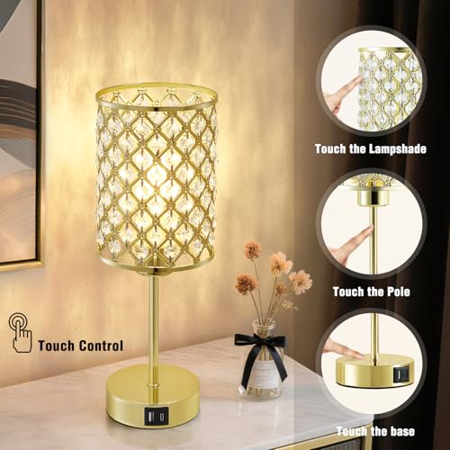 GyroVu Gold Crystal Bedside Table Lamps Set of 2 with USB C+A Ports - color: Gold-2, size: 14.75"