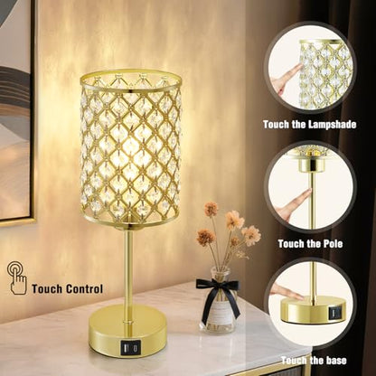 GyroVu Gold Crystal Bedside Table Lamps Set of 2 with USB C+A Ports - color: Gold-2, size: 14.75"