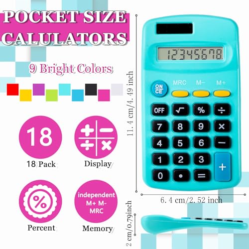 18 Pack Mini Pocket Calculators 9 Colors