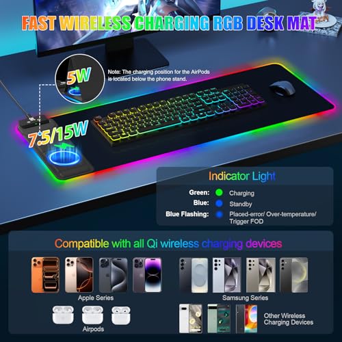 RGB Mouse Pad with Foldable Phone Stand & Wireless Charger, 31.5"x11.8" XL Gaming Mousepad Large Desk Mat, Desk Pad with Dual Charging for Phone & AirPods | 11 Colors & 5 Modes | Waterproof - color: Black Touch Control Stand XL