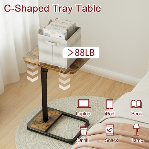 GOYLSER C-Shaped Tables Small Swivel End Table, Height Adjustable Side Tables Living Room, Rotating Snack Couch Wooden Tv Trays for Eating On Couch, Rustic Brown - color: Rustic Brown, style: Standard