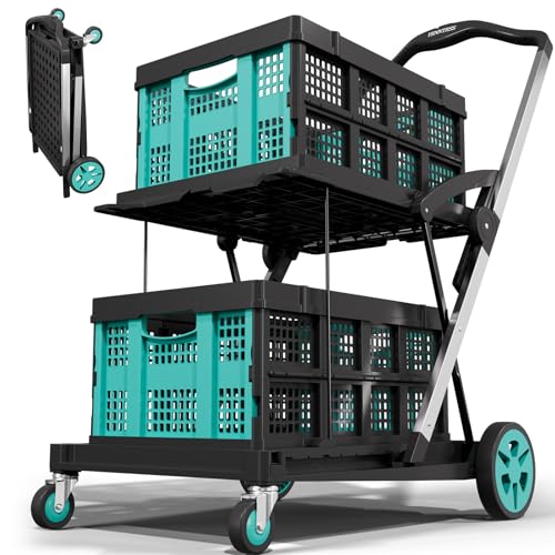 Beyond Collapsible Shopping Cart on Wheels, Shopping Cart with 2 Storage Crates, 2-Tier Multi Functional Utility Cart for Grocery/Warehouse/Office/Supermarket - Blue
