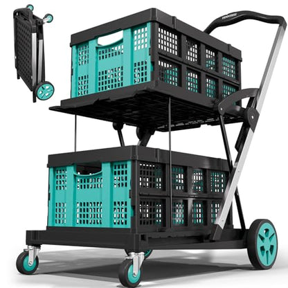 Beyond Collapsible Shopping Cart on Wheels, Shopping Cart with 2 Storage Crates, 2-Tier Multi Functional Utility Cart for Grocery/Warehouse/Office/Supermarket - Blue