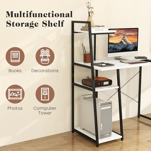 MAT EXPERT Computer Desk with Ladder Shaped Shelves, Compact Home Office Desk w/Monitor Stand & Adjustable Foot Pads, Modern Writing Study Desk PC Laptop Workstation for Home Office (White) - color: White
