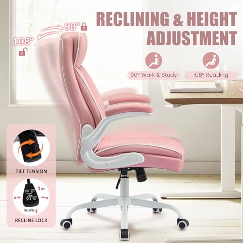 Leather Office Chair, Computer Desk Chair with Lumbar Support,Height Adjustment, Comfortable Excutive Task Chairs 400lbs with Padded Flip-up Armrests, Pink - color: Pink