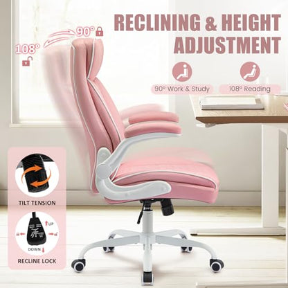 Leather Office Chair, Computer Desk Chair with Lumbar Support,Height Adjustment, Comfortable Excutive Task Chairs 400lbs with Padded Flip-up Armrests, Pink - color: Pink