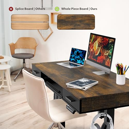 SHW 48-Inch Electric Height Adjustable Desk w/Keyboard Tray, Rustic Brown | w/ 2 Drawers | Memory Presets and Cable Management | Hanging Hooks - color: Rustic Brown