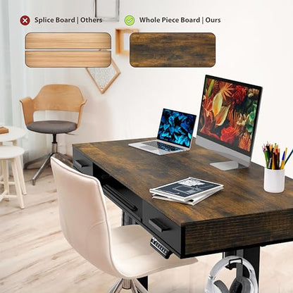 SHW 48-Inch Electric Height Adjustable Desk w/Keyboard Tray, Rustic Brown | w/ 2 Drawers | Memory Presets and Cable Management | Hanging Hooks - color: Rustic Brown
