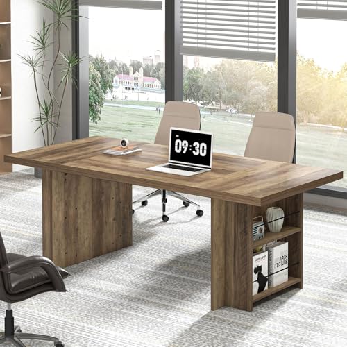 70 Inch Executive Desk, Large Computer Office Desk with Side Storage Shelves, Industrial Wood Conference Table Workstation, Long Writing Study Work Table for 2 Person, Rustic Oak - color: Oak