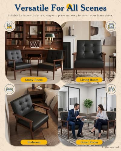 Black Faux Leather Chairs Set of 2 with Solid Wood Frame for Living Room | AODAILIHB Upholstered Lounge Modern Office Couch, with Thick Cushion, Single Sofa for Waiting Room/Dorm/Bedroom/Lobby - size: 2 chair