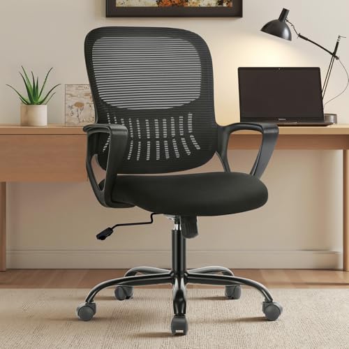 Sweetcrispy Home Office Chair, Mesh Office Chair, Lumbar Support, Black | Adjustable Height, 360° Swivel Wheels, Mid-Back, Comfy Arms for Small Space, Bedroom, Study, Managerial Executive - color: Black, size: 18.5"D&Fixed Arm-Plus