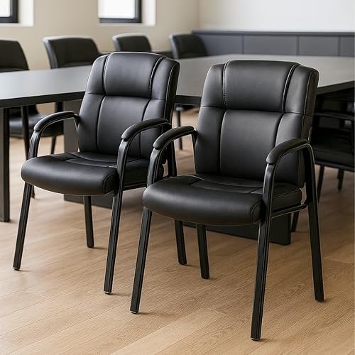 Simple Deluxe Office Guest Chair with Padded Arm Rest No Wheels, Waiting Room Reception Leather Stationary Chairs for Conference Room, Lobby, Home, Desk Table Side, Dining, 2 Pack Thickened Cushion - color: Black, size: 2 Pack Thickened Cushion