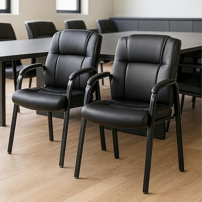 Simple Deluxe Office Guest Chair with Padded Arm Rest No Wheels, Waiting Room Reception Leather Stationary Chairs for Conference Room, Lobby, Home, Desk Table Side, Dining, 2 Pack Thickened Cushion - color: Black, size: 2 Pack Thickened Cushion