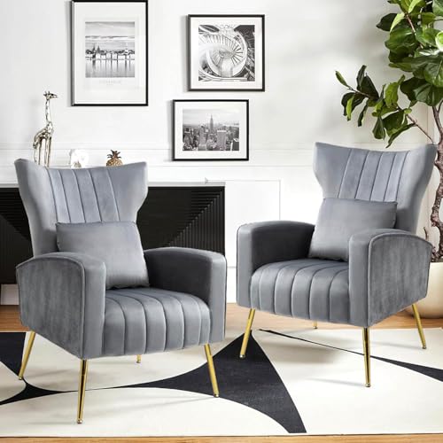 Velvet Accent Chair with High Wingback, Mid-Century Armchair for Living Room Bedroom, Guest Reception Chair for Office, Button-Tufted, Gold Finish, Grey - color: Grey, size: 2PCS with Channel Tufted