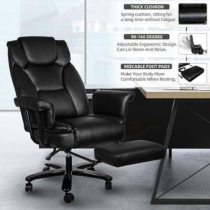 Reclining Office Chair with Footrest, Big and Tall Home Office Desk Chairs 400lbs with High Back, Criss Cross Wide Seat, Heavy Duty Base, Pu Leather, Black - color: Black