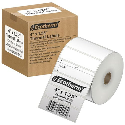 4" x 1.25" Thermal Labels | 6 Rolls | 12600 Labels | fits Zebra, Munbyn, Rollo, Godex, Arkscan, iDPRT, Offnova Thermal Label Printers and More | Blank White Adhesive Stickers by Ecotherm - size: 4 x 1.25 - 12600 Labels