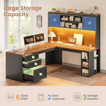SEDETA 67" Farmhouse L Shaped Desk with Hutch, Black+Brown - color: Black and Brown, size: L Shaped Desk with Hutch (67")