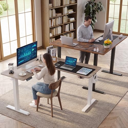 farexon 63x55 Inch L Shaped Standing Desk with Outlets, Electric Adjustable Height Stand Up Desk, Corner sit Stand Desk with Mouse Pad, Hook, Home Office Writing Gaming Computer Workstation, Oak Grey