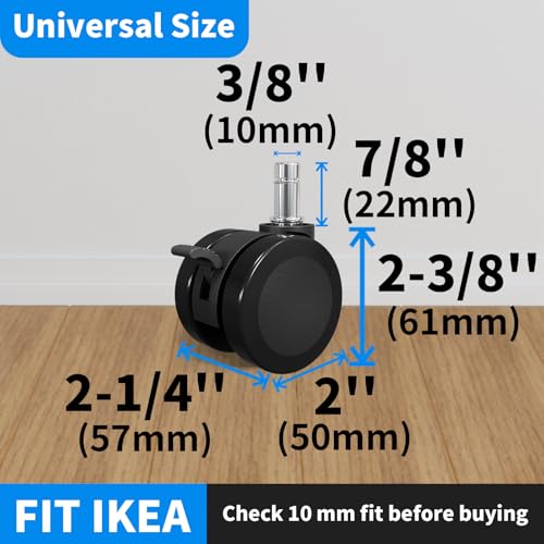 MySit 10x22mm Office Chair Caster with Brake for Hardwood Floors Set of 5 | Heavy Duty Mute PU Stool Caster Wheels Replacement Easy Installation - size: 10x22mm(Small Stem)
