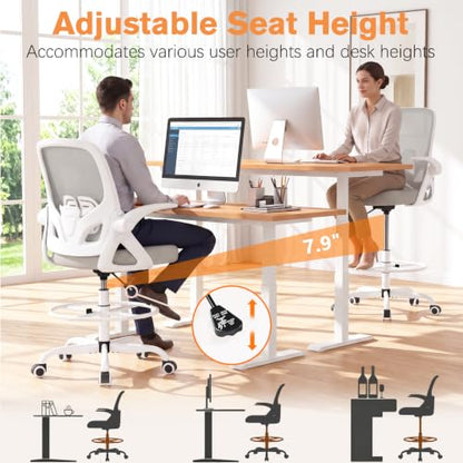 ORRSAKER Drafting Chair, Tall Office Chair with Flip-up Arms, Mesh Ergonomic Computer Standing Desk Chair with Adjustable Height Foot Ring and Lumbar Support, 300 LBS Capacity, Gray - color: Grey