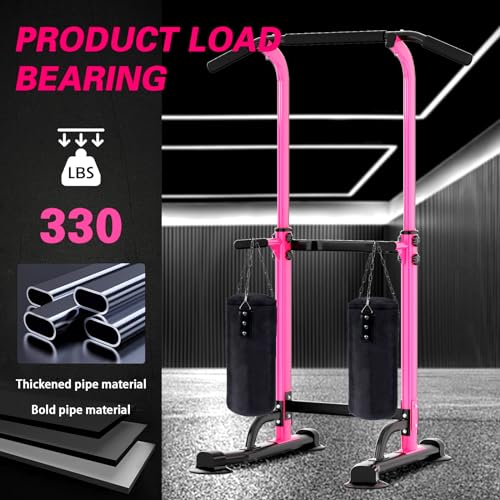 soges Power Tower Pull Up Bar Station, Free Standing Pull Up Rack Dip Station for Home Gym, Height Adjustable Home Strength Training Fitness Workout Equipment - color: Pink