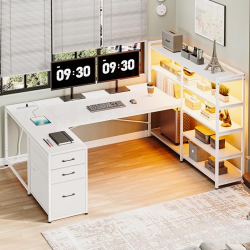 SEDETA L Shaped Office Desk with Drawers, 64.5" Reversible Computer Desk with Storage Shelves and Power Outlet, Corner Gaming Desk with LED Strip for Home Office, White - color: White