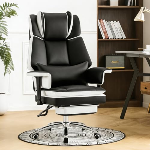 Heavy Duty Office Chair with Footrest High Back, PU Leather Office Chair with with Adjustable Lumbar Support, Reclining Computer Desk Chair with Adjustable Height, Adjustable Armrests, Black White - color: Black&white