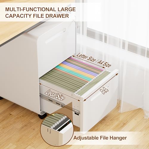 2 Drawer Mobile File Cabinet with Lock, 4 Keys and 25 Letter File Folders | Heavy-Duty Steel Rolling Filing Cabinet Pre-Assembled Under Desk for Home Office Letters/Legal/A4 Hanging File Folders - color: White, size: 25.8"H*15.7"W-2 drawers(25 letter fold