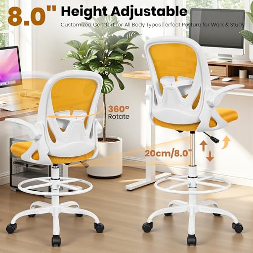 Drafting Chair Tall Office Chair with Flip-up Armrests Executive Ergonomic Computer Standing Desk Chair with Lumbar Support and Adjustable Footrest Ring (Mustard) - color: Mustard, size: 934-Z