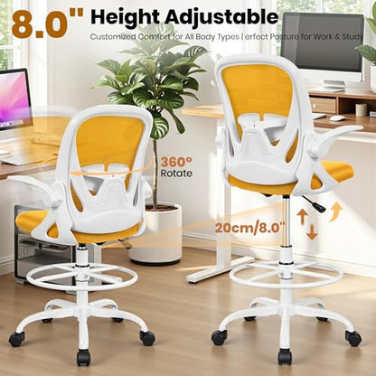 Drafting Chair Tall Office Chair with Flip-up Armrests Executive Ergonomic Computer Standing Desk Chair with Lumbar Support and Adjustable Footrest Ring (Mustard) - color: Mustard, size: 934-Z