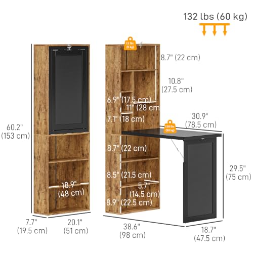 HOMCOM Foldable Desk Wall Mounted Convertible Table, Rustic Brown - color: Rustic Brown