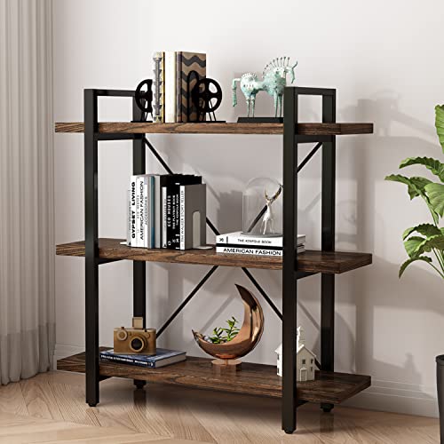 3 Tier Bookshelf Modern Rustic Open Bookshelf Office Solid Wood Bookcase and Book Shelves Wood and Metal Shelving Unit,Distressed Brown (AY-02-3Tier) - size: 3Tier