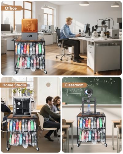 3D Printer Stand with Filament Storage, Heavy Duty Rolling Printer Cart on Wheels with Built-in Power Outlet, Small 3D Printer Table for Organizer Filament Spools, Workshop Office Garage Studios,Brown