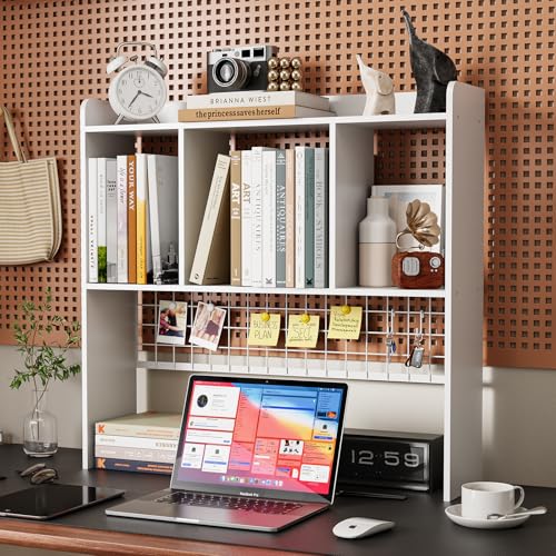 Desktop Bookshelf,Desk Hutch with 3 Shelves for Computer,White - color: White