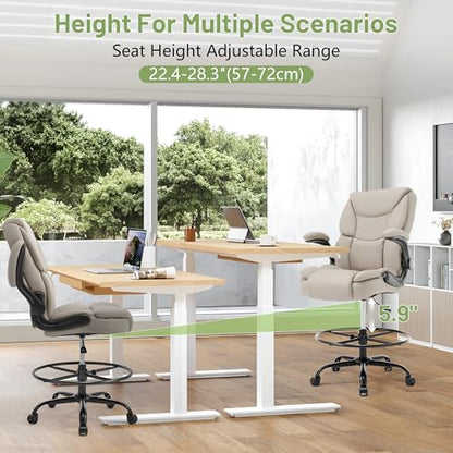 500LBS Drafting Chair, High Back Safer Standing Desk Chair, Executive Tall Office Chair with Flip-up Armrests, Upholstered PU Leather Task Chair, Ergonomic Seat with Adjustable Height&Foot Ring,Beige - color: Beige