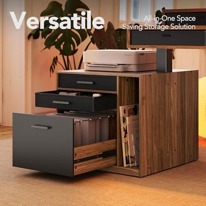 HUANUO 85" Electric L Shaped Standing Desk with File Cabinet, Walnut | 65"x58" 2-Tier L-Desk,File Cabinet, 6 Drawers,220lbs Carbon Steel,4 Memory Presets, 27.6"-46.5" Adjustable Height - color: Walnut, size: 6 Drawers+File Cabinet