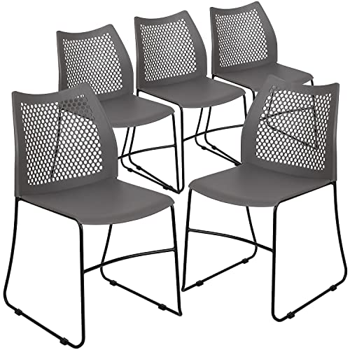 Flash Furniture Hercules Series Contoured Lobby Chairs with Air-Vent Honeycomb Backs, Ergonomic Stacking Chairs for Offices, Set of 5, Gray | Sled Base, Powder Coated, 661 LBS. Weight Capacity - color: Grey, size: Set of 5